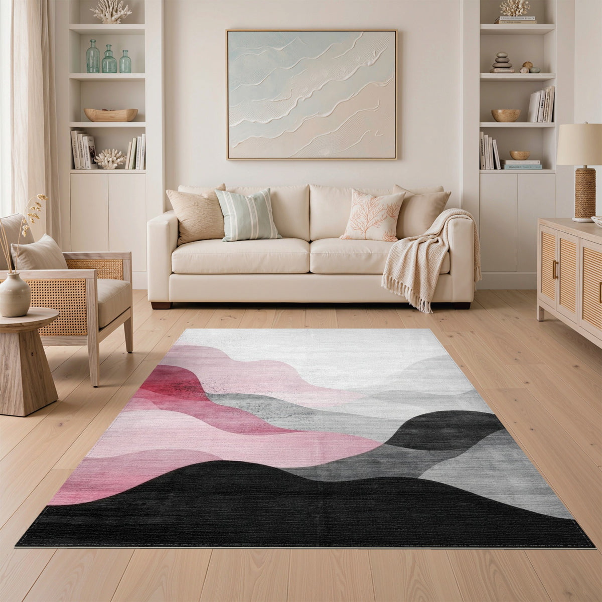 Abstract Pink Black Wave Area Rug