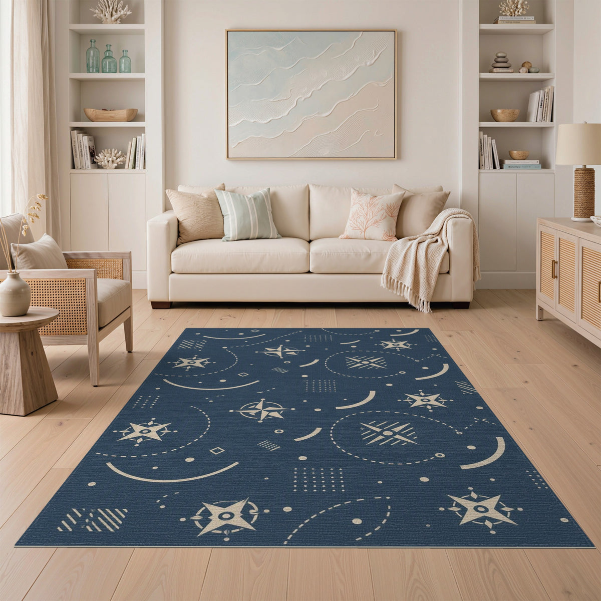 Blue Geometric Star Compass Area Rug