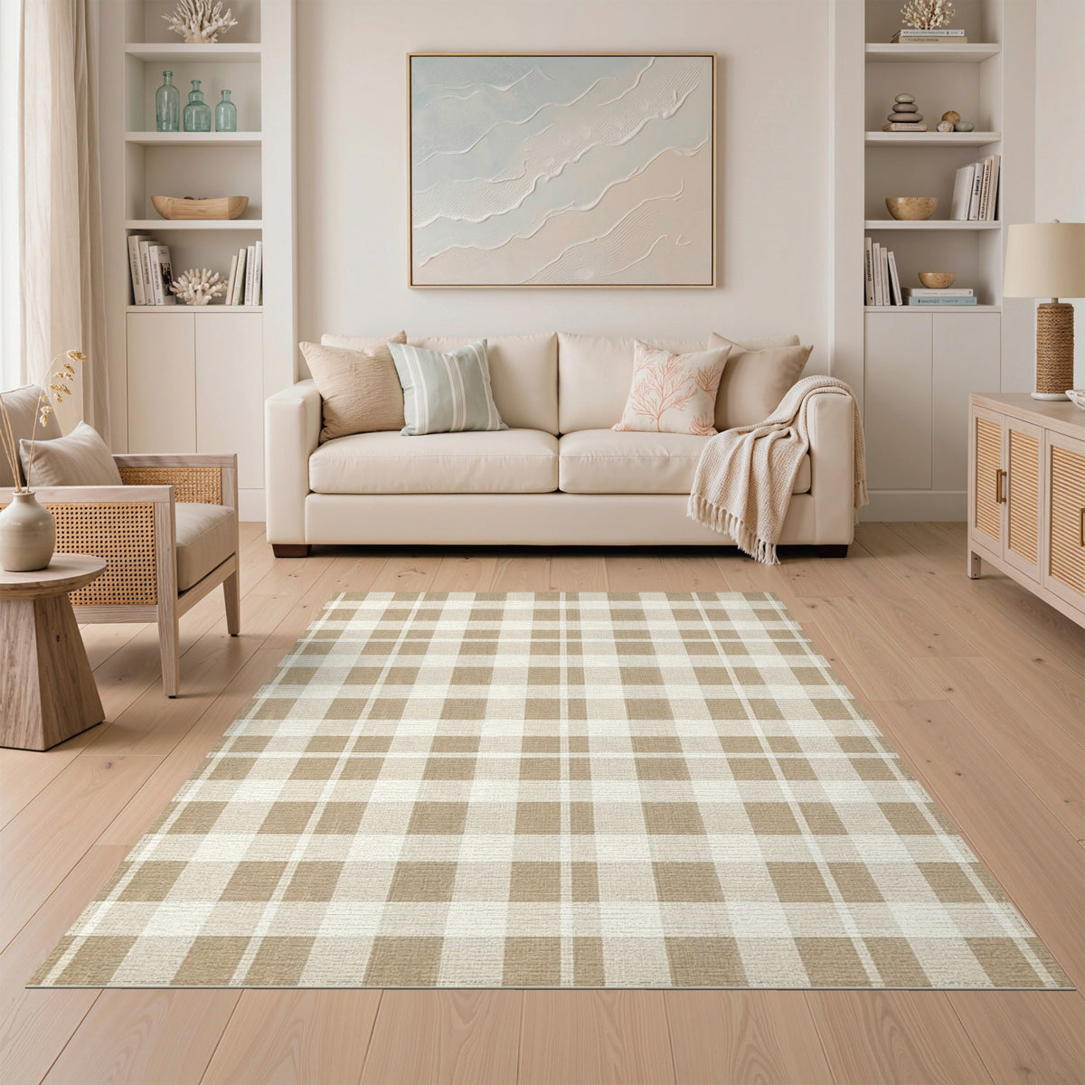 Beige Checkered Geometric Area Rug