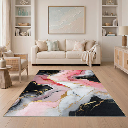 Pink Black Abstract Marble Area Rug with Gold Accents