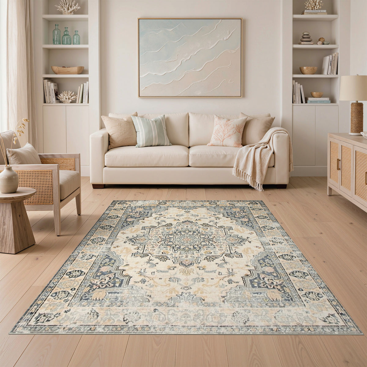 Beige and Neutral Vintage Beige Persian Medallion Area Rug