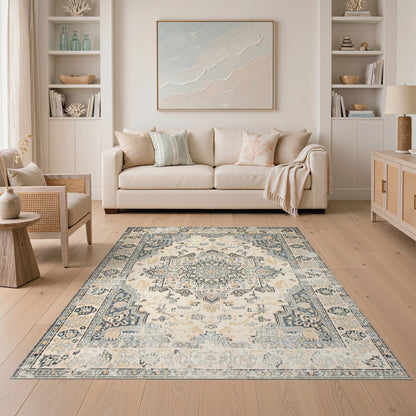 Beige and Neutral Vintage Beige Persian Medallion Area Rug