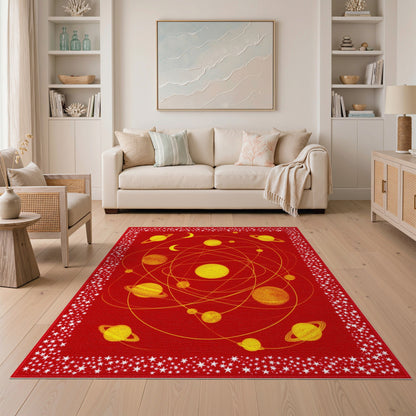 Red Solar System Area Rug with Yellow Planets