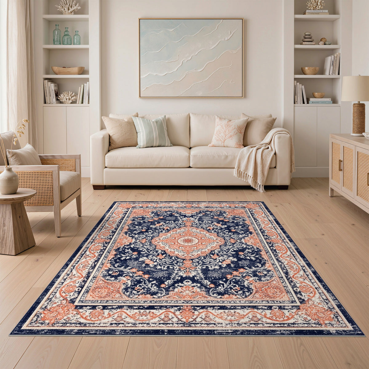 Navy Blue Distressed Persian Medallion Rug
