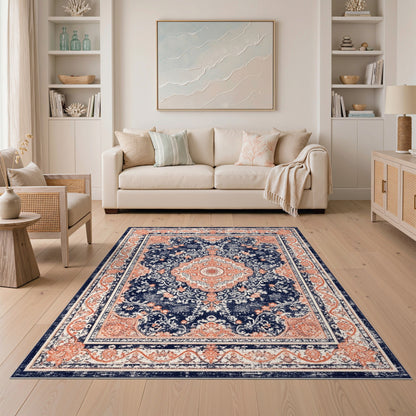 Navy Blue Distressed Persian Medallion Rug