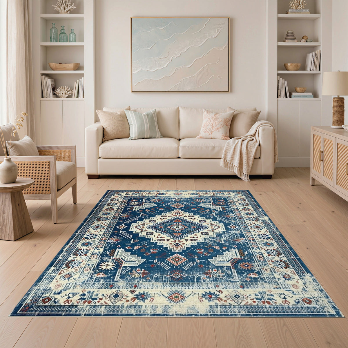 Blue and Teal Blue Distressed Tribal Area Rug