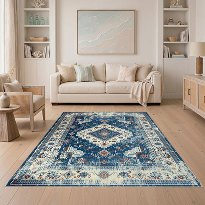 Blue and Teal Blue Distressed Tribal Area Rug