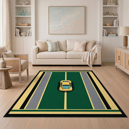 Yellow Car Green Geometric Area Rug