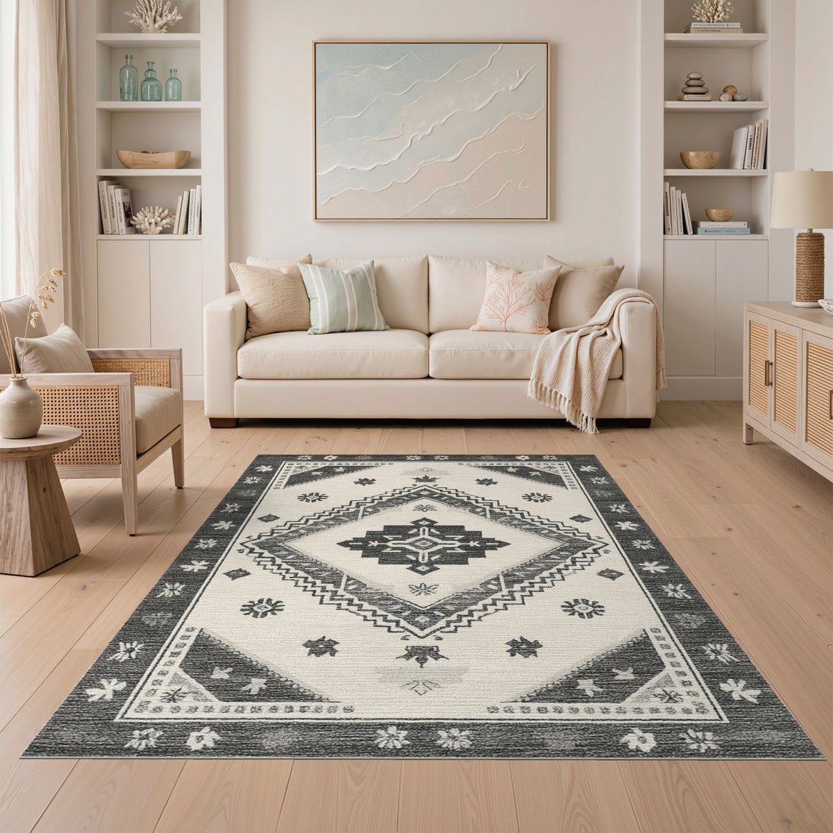 Black White Heritage Tribal Area Rug