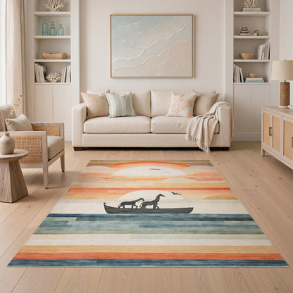 Giraffes Boat Sunset Kids Area Rug