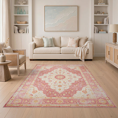 Pink Floral Medallion Vintage Area Rug