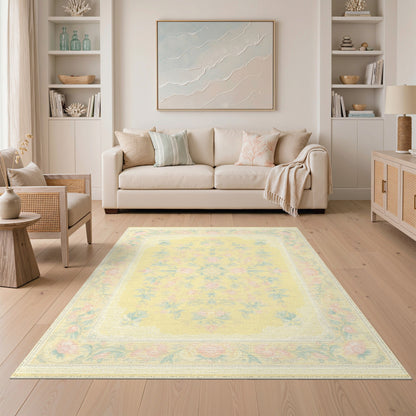 Pastel Yellow Rose Floral Vintage Area Rug