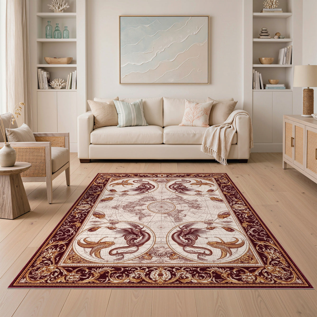 Vintage World Map Red Gold Creatures Area Rug