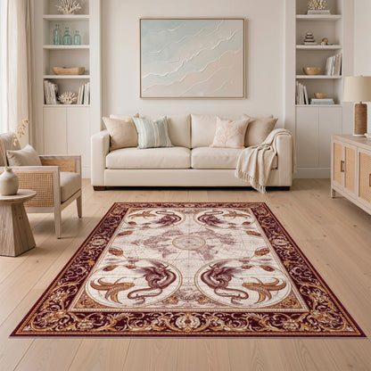 Vintage World Map Red Gold Creatures Area Rug