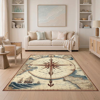 Brown and Tan Vintage Compass Map Area Rug