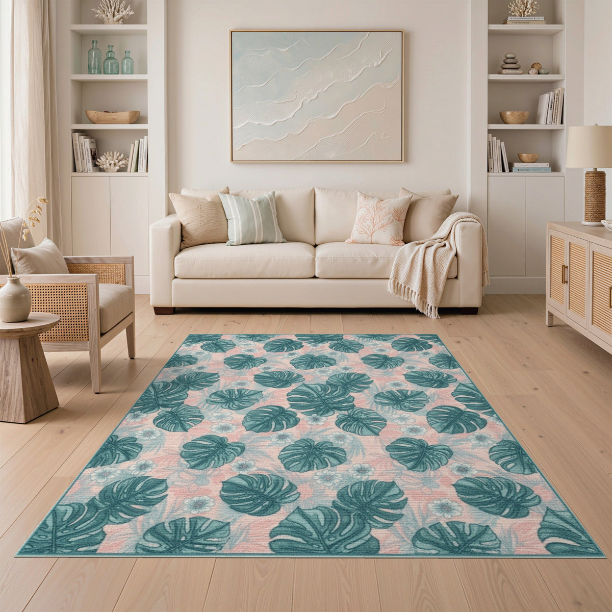 Pink Teal Monstera Washable Area Rug