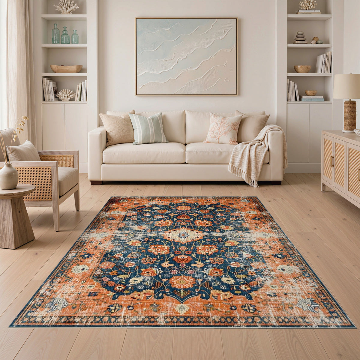 Distressed Orange Floral Vintage Area Rug