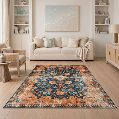 Distressed Orange Floral Vintage Area Rug
