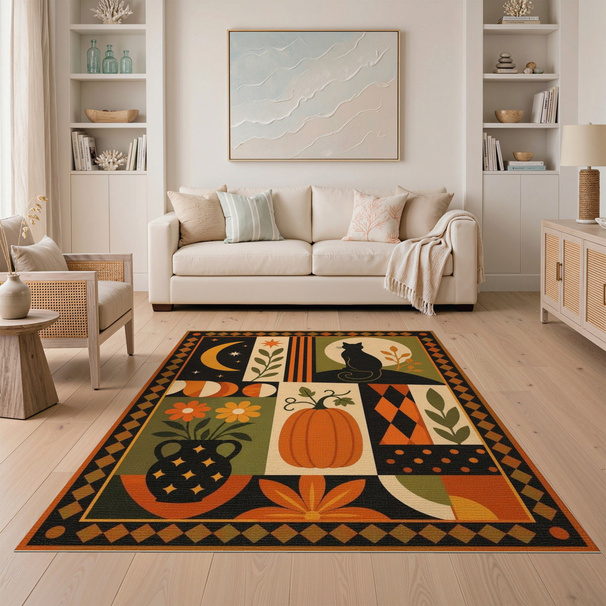 Multi-color and Patterns Black Cat Pumpkin Geometric Area Rug