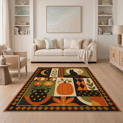 Multi-color and Patterns Black Cat Pumpkin Geometric Area Rug