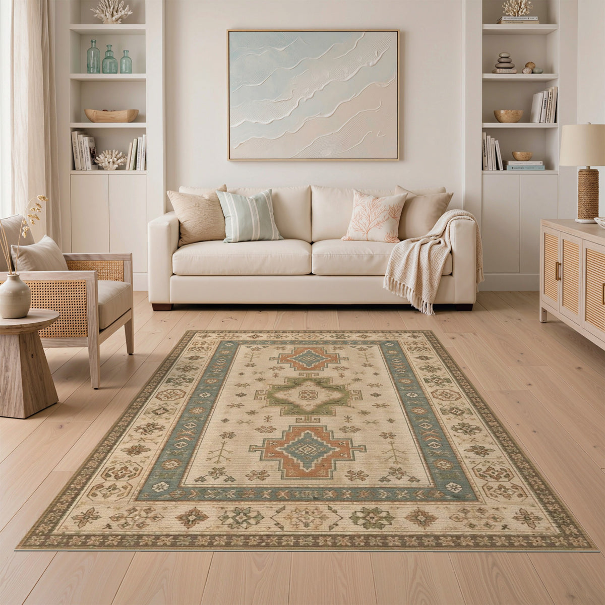 Distressed Vintage Beige Geometric Medallion Area Rug