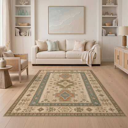 Distressed Vintage Beige Geometric Medallion Area Rug