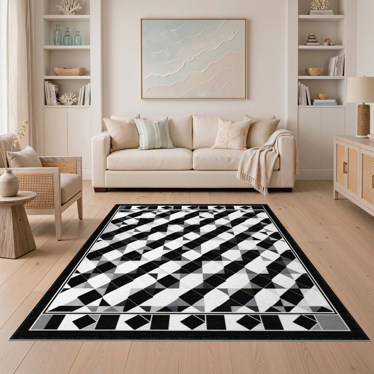 Black White Geometric Diamond Area Rug