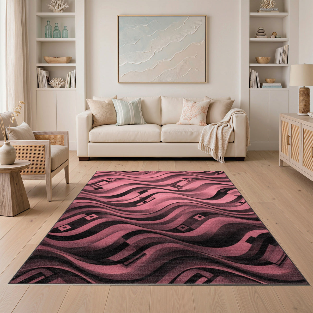 Pink Wavy Geometric Area Rug