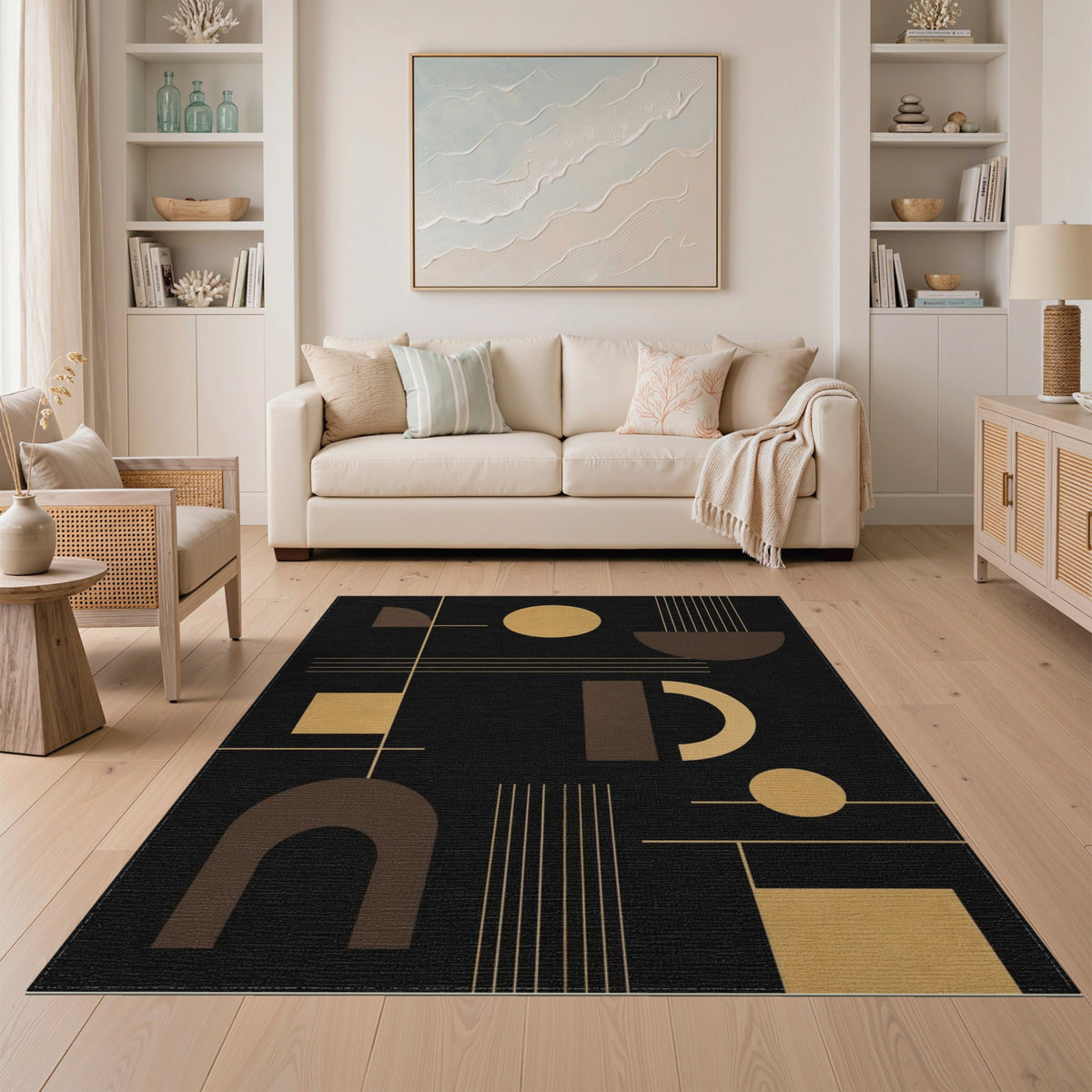 Geometric Modern Black and Gold Geometric Area Rug