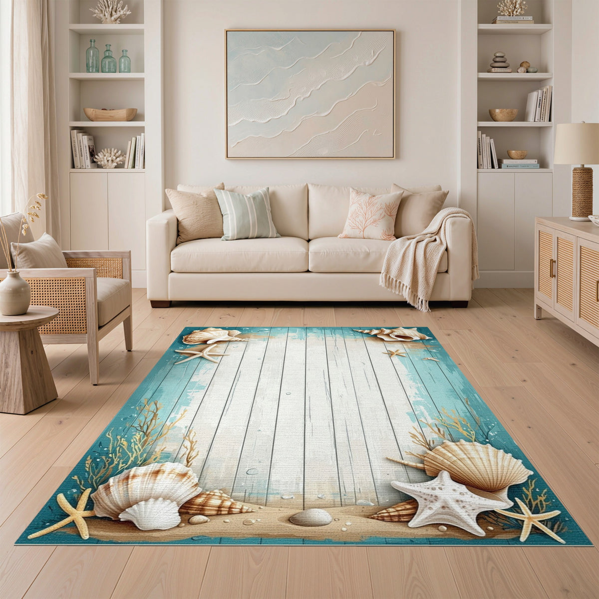 Coastal Beach Seashell Starfish Blue Teal Area Rug