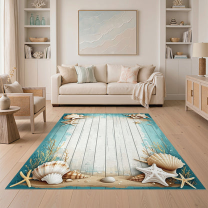 Coastal Beach Seashell Starfish Blue Teal Area Rug