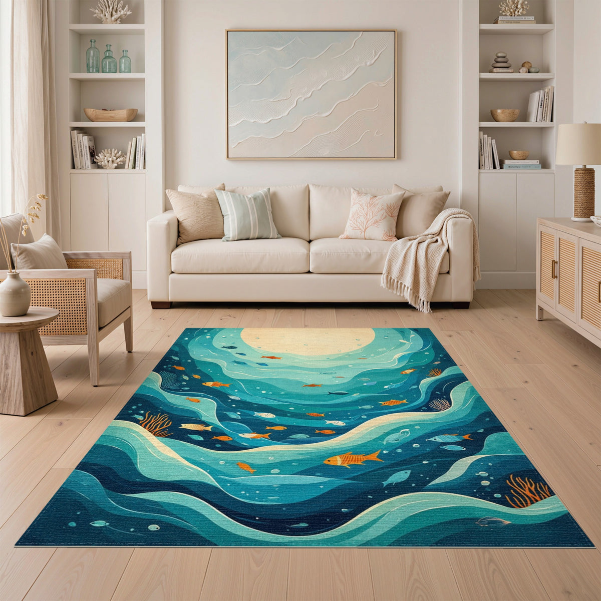 Ocean Wave Fish Blue Teal Area Rug