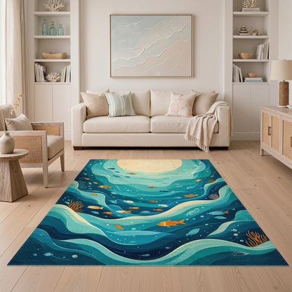 Ocean Wave Fish Blue Teal Area Rug
