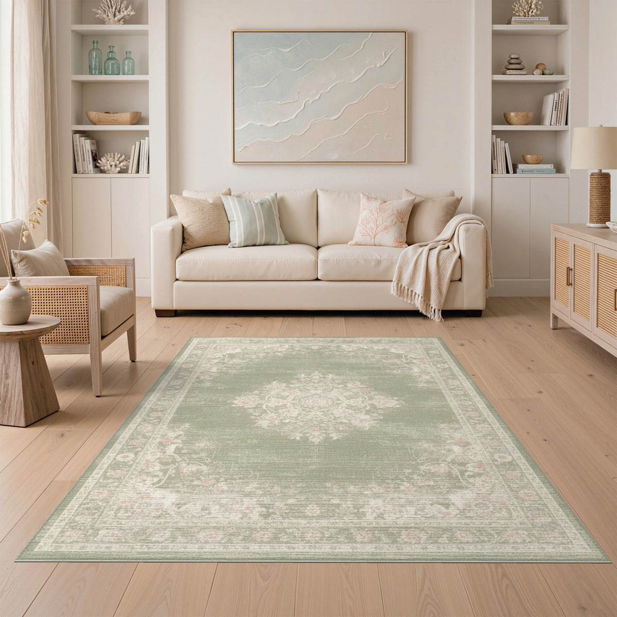 Sage Green Floral Vintage Medallion Area Rug