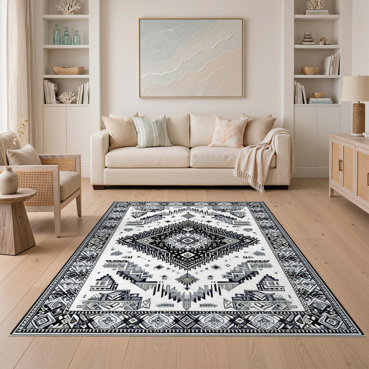 Black White Heritage Tribal Area Rug