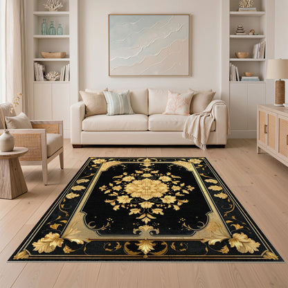 Black and Gold Floral Medallion Rug