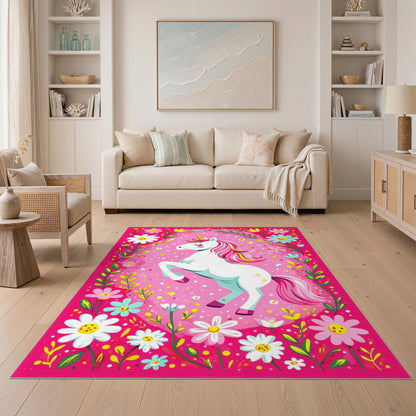 Pink Unicorn Floral Kids Area Rug