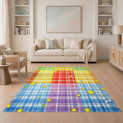 Rainbow Plaid Star Kids Area Rug