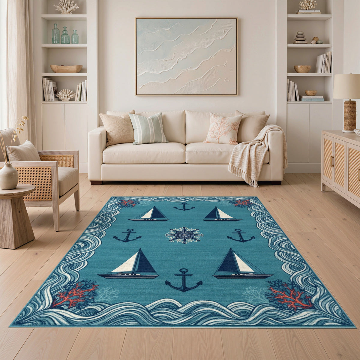 Coastal Blue Sailboat and Anchor Area Rug