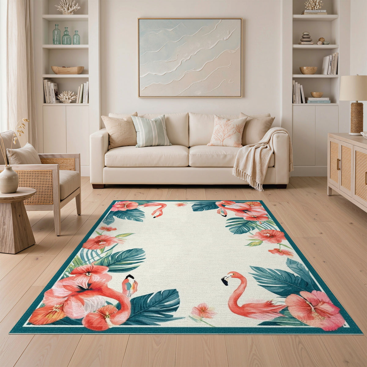 Floral Vintage Pink Flamingo Hibiscus Washable Area Rug