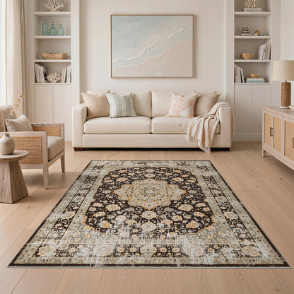 Beige Floral Medallion Distressed Area Rug