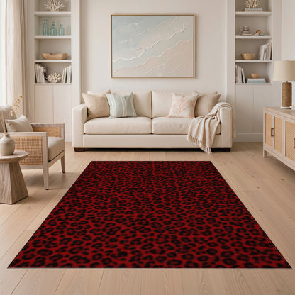 Bold Red Leopard Print Washable Area Rug