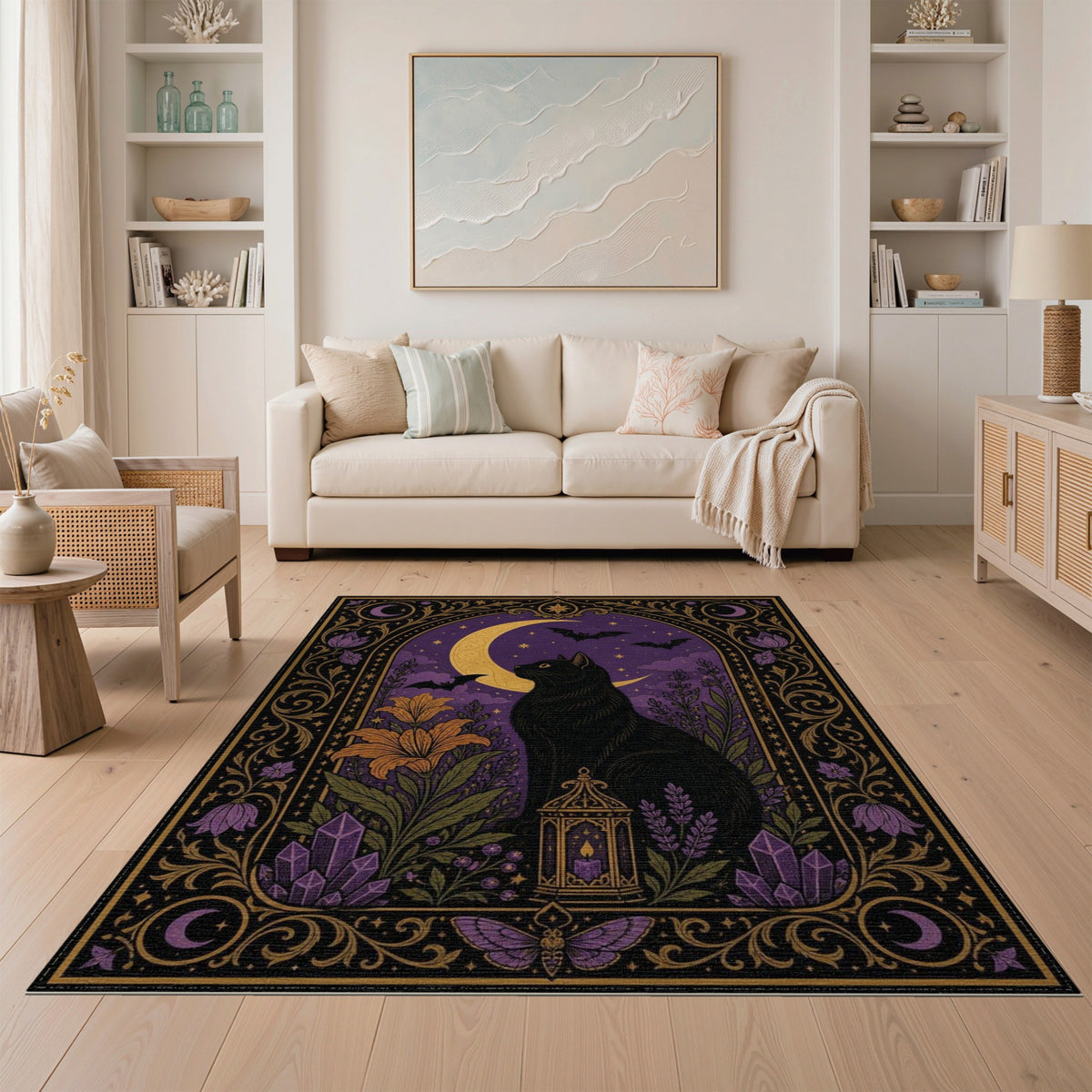 Purple Mystical Black Cat Purple Moon Area Rug