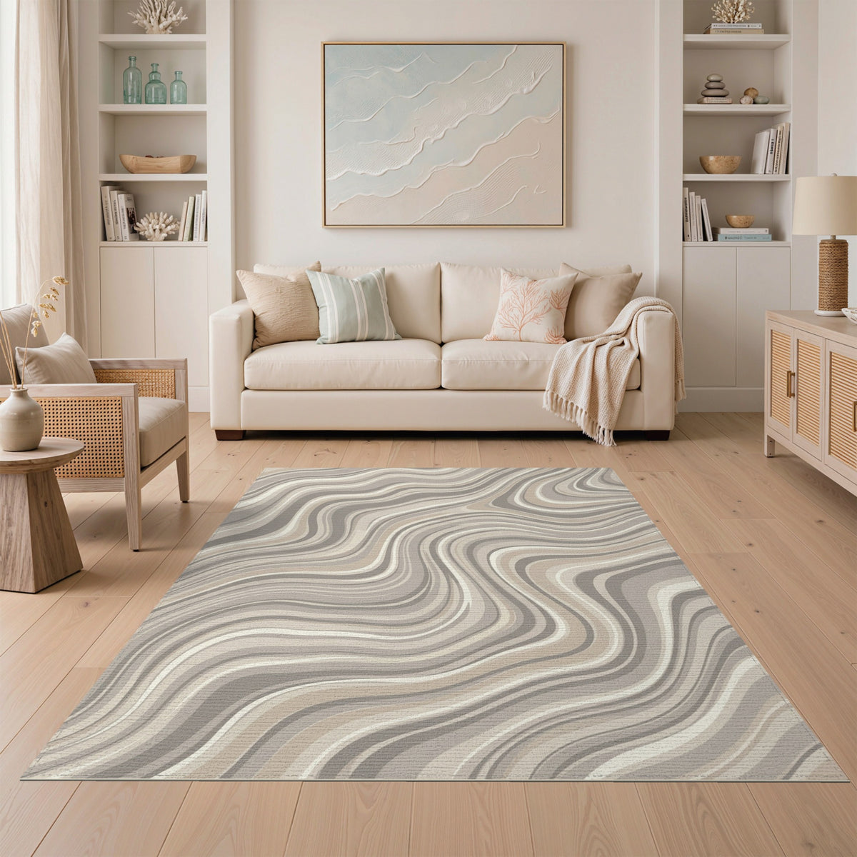 Beige and Neutral Beige Neutral Wavy Abstract Area Rug