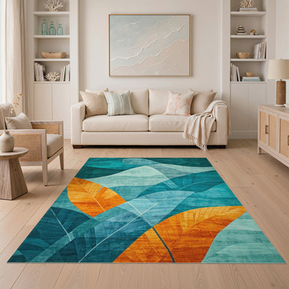 Teal Blue Abstract Leaf Area Rug