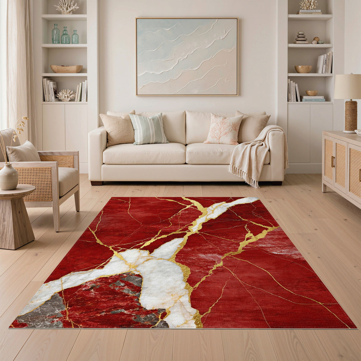 Red Marble Gold Vein Area Rug