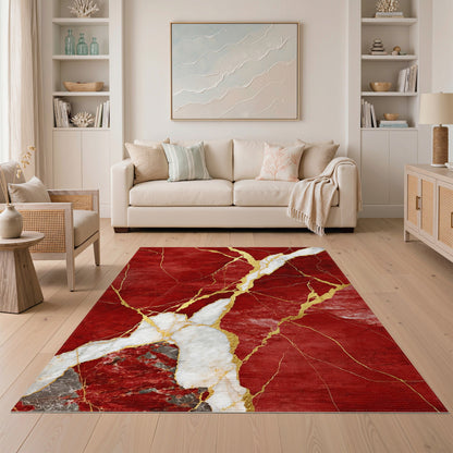 Red Marble Gold Vein Area Rug