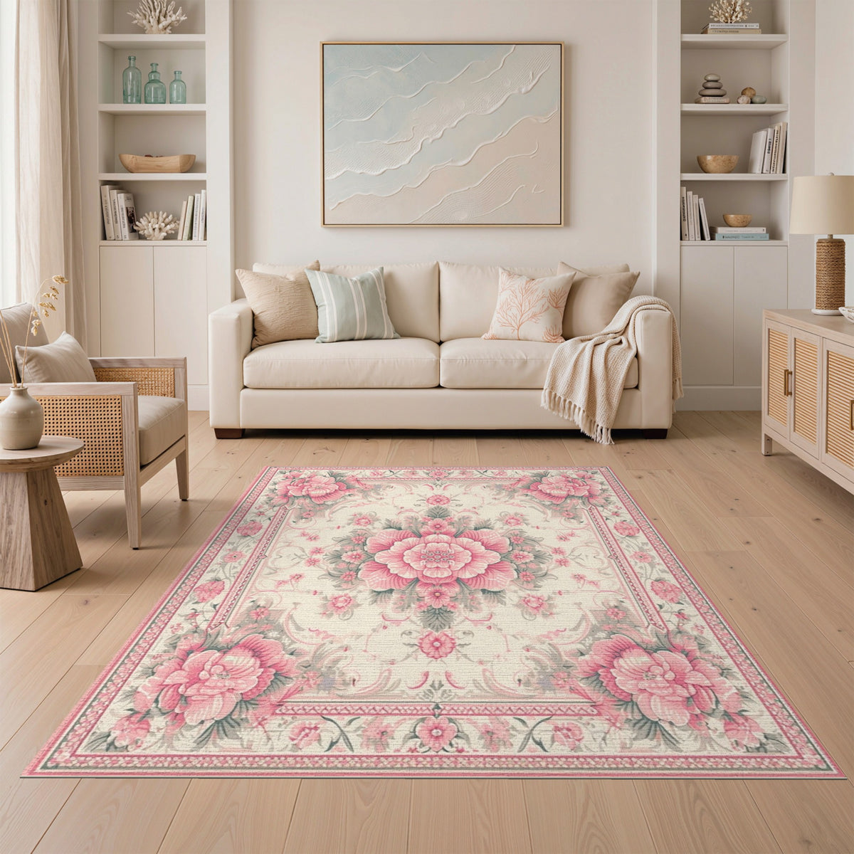 Pink Peony Floral Vintage Area Rug
