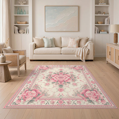 Pink Peony Floral Vintage Area Rug