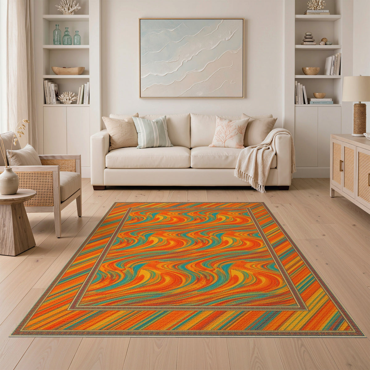 Multi-color and Patterns Vibrant Orange Teal Swirl Abstract Area Rug